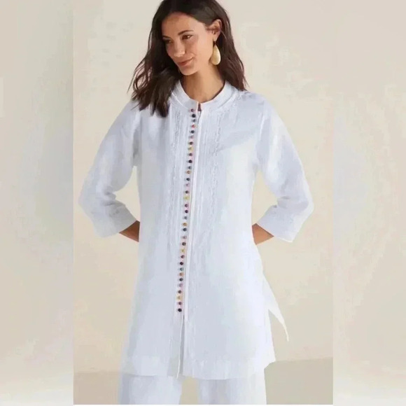 Soft Surroundings White Desert Tunic Top Sz 1X Linen Button Front Long Sleeve - Picture 1 of 14